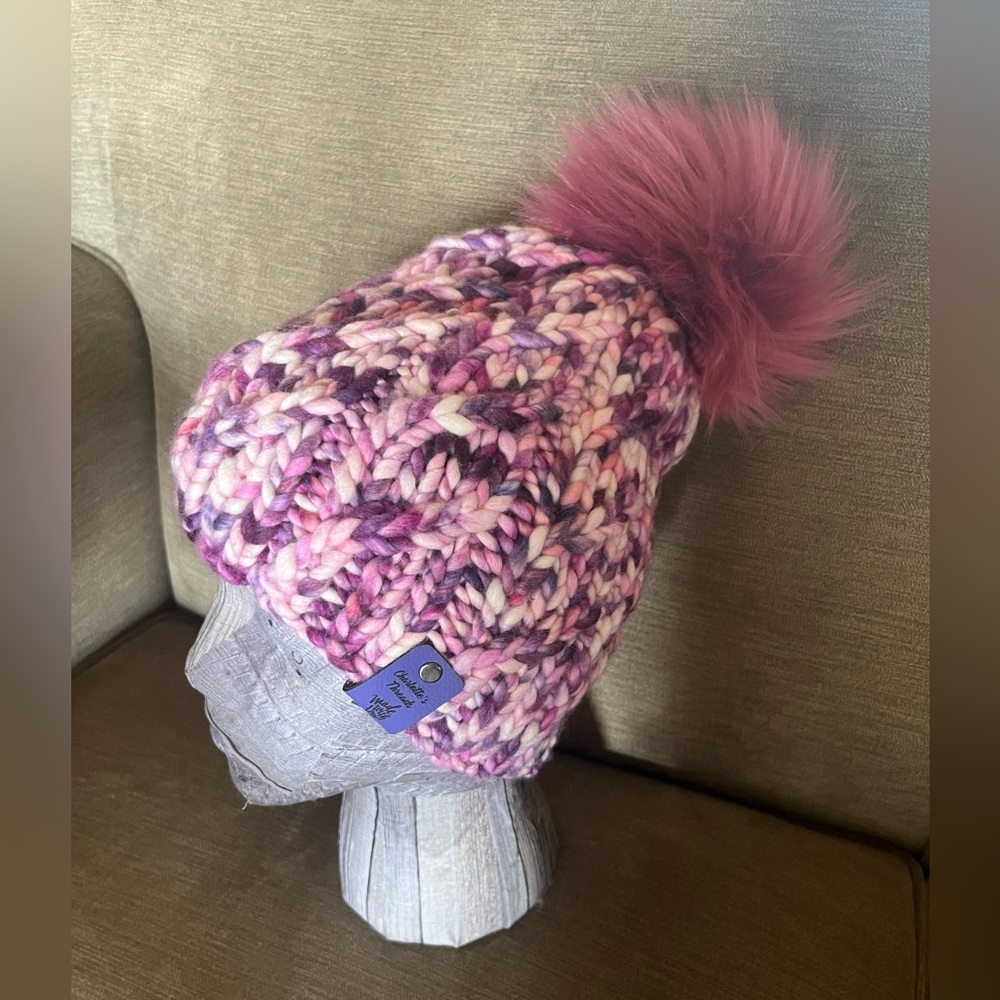 Luxury Hand Knit Hat with Faux Fur Pom Pom
